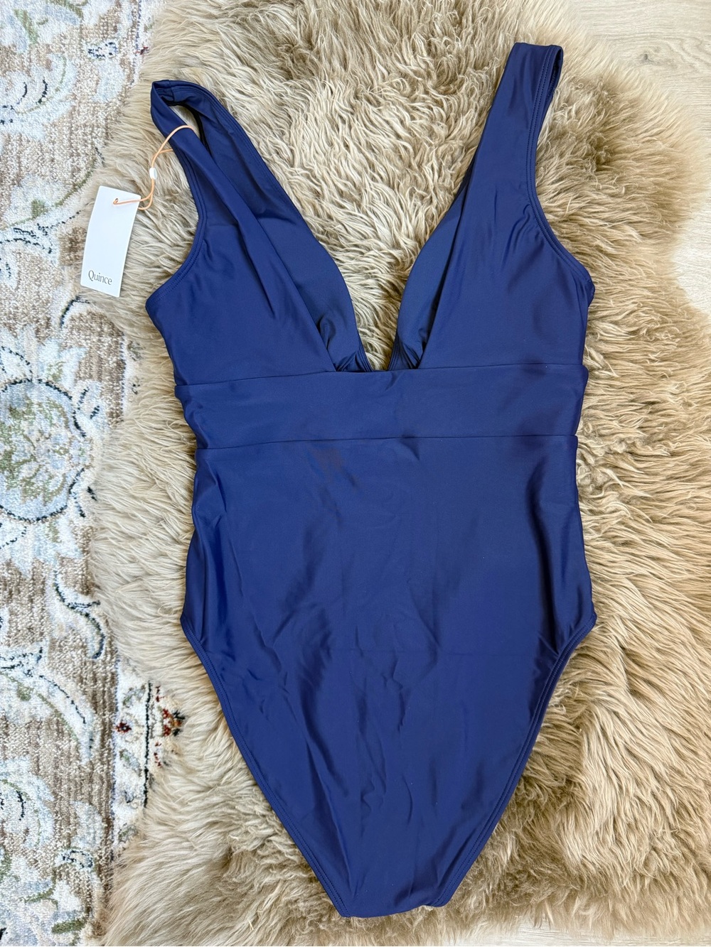 NEW Quince Italian Plunge One Piece Swimsuit Deep Navy Blue Womens Large NWT - Picture 7 of 7